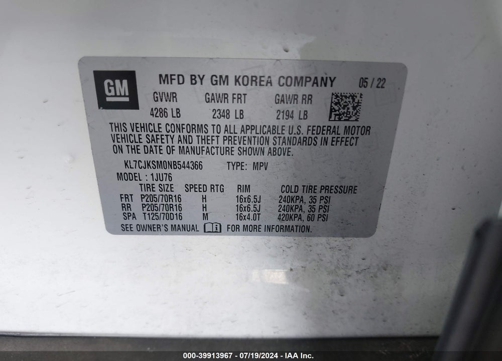 2022 CHEVROLET TRAX FWD LS VIN: KL7CJKSM0NB544366