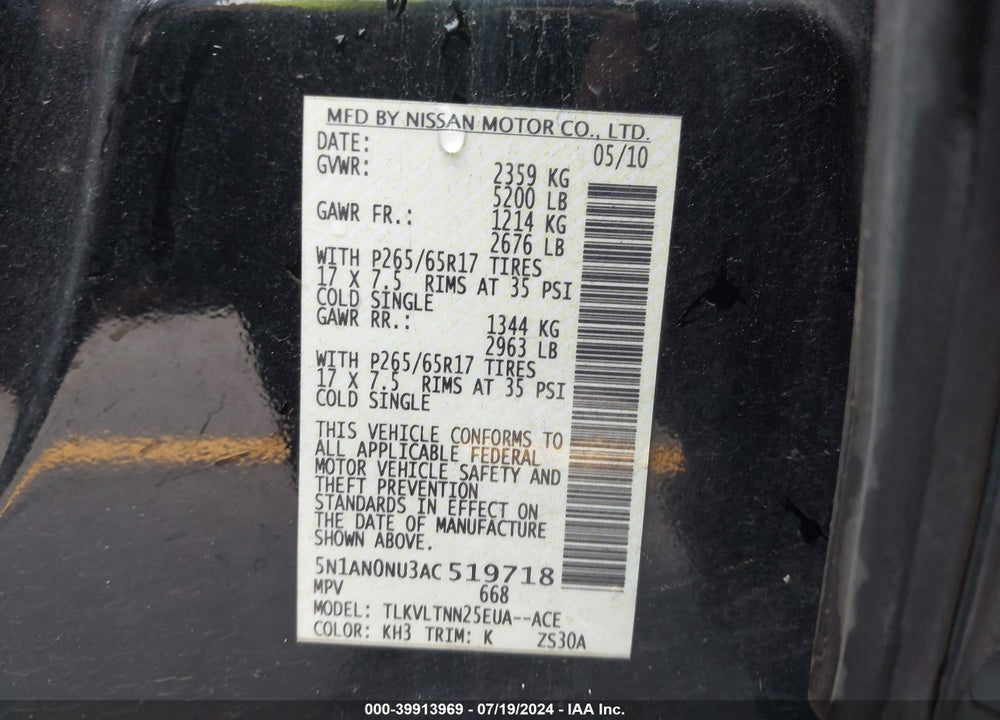 2010 NISSAN XTERRA SE VIN: 5N1AN0NU3AC519718