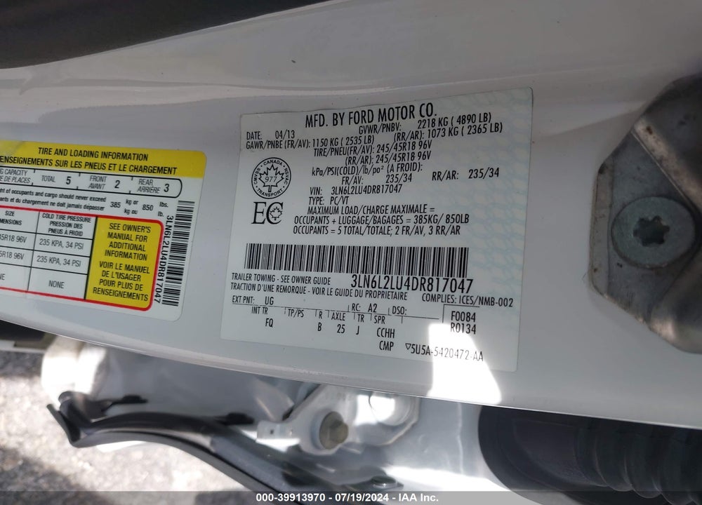 2013 LINCOLN MKZ HYBRID VIN: 3LN6L2LU4DR817047