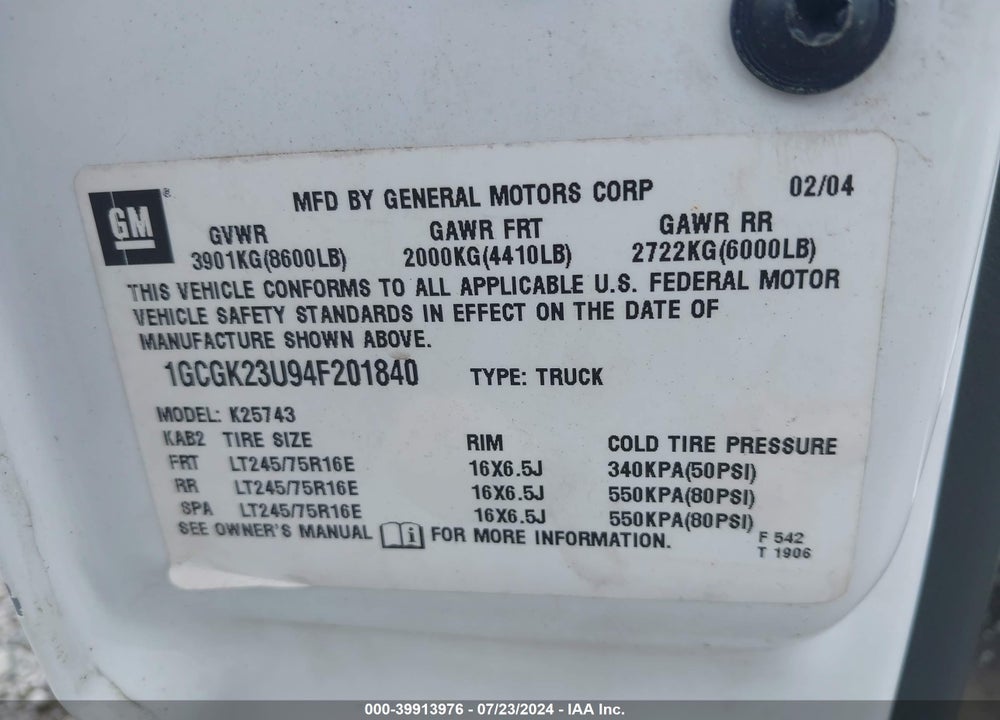 2004 CHEVROLET SILVERADO 2500 LS VIN: 1GCGK23U94F201840