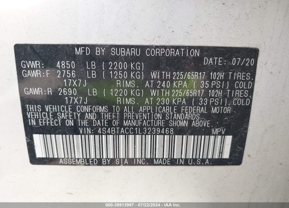 2020 SUBARU OUTBACK PREMIUM VIN: 4S4BTACC1L3239468