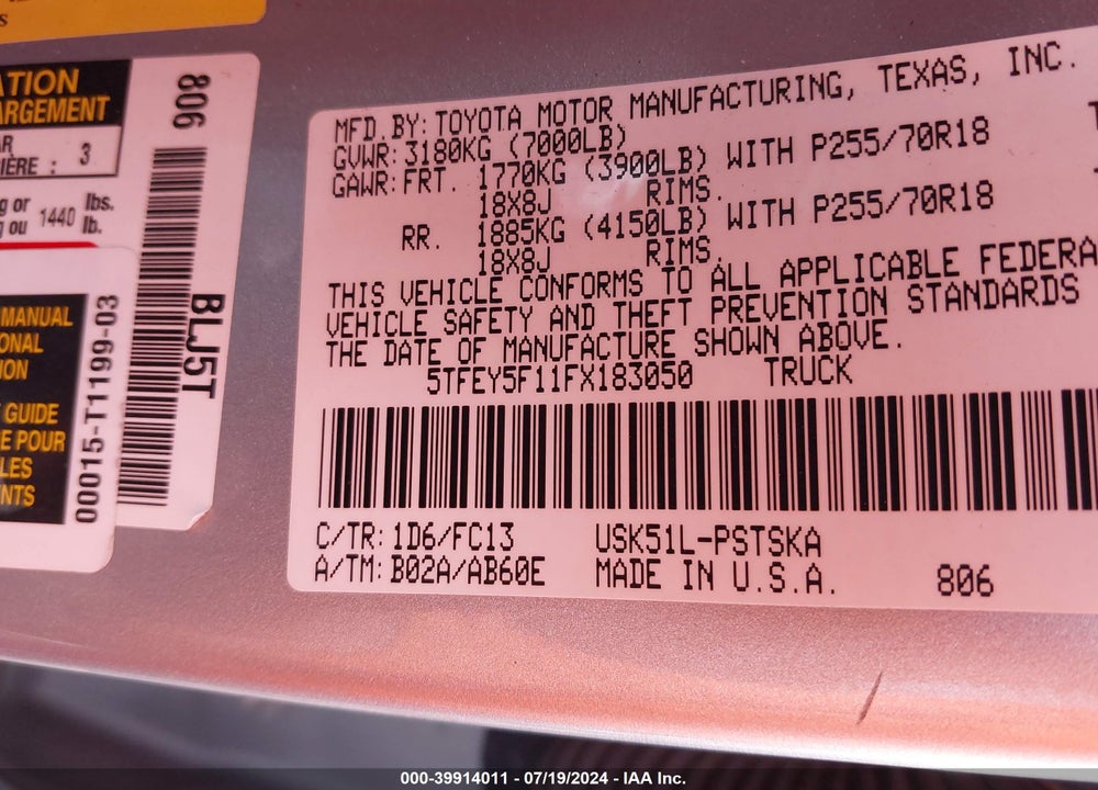 2015 TOYOTA TUNDRA SR5 5.7L V8 VIN: 5TFEY5F11FX183050