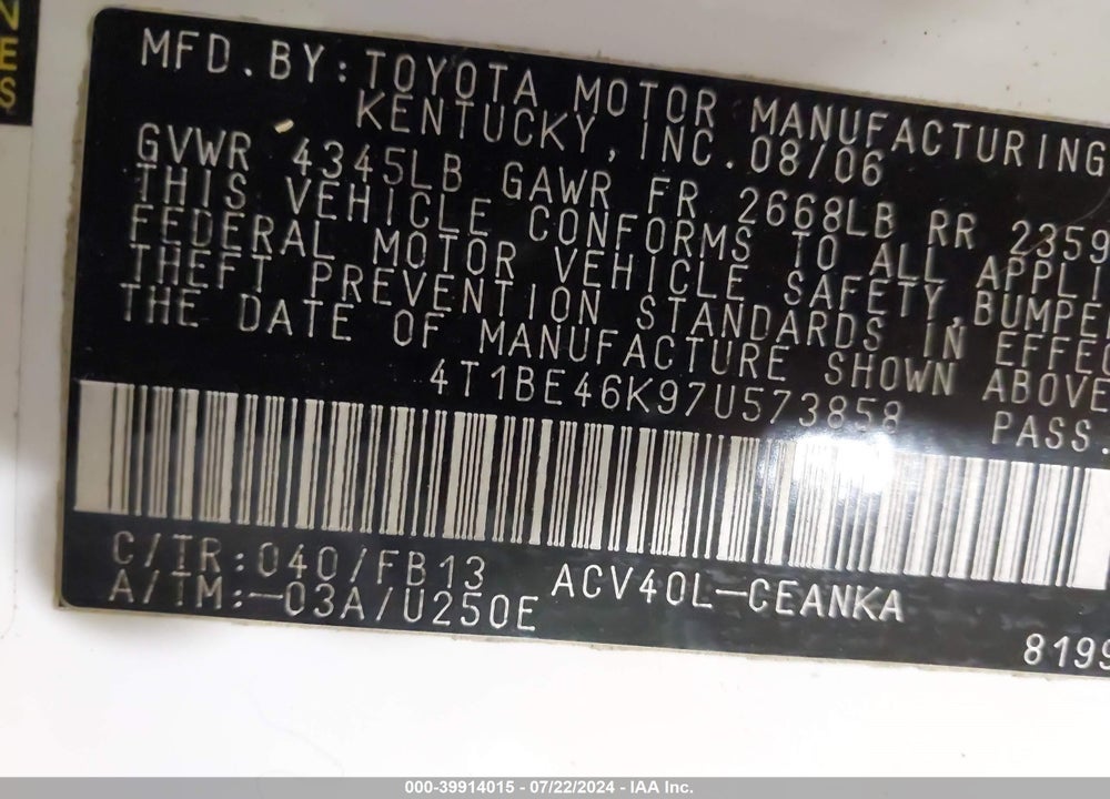 2007 TOYOTA CAMRY LE VIN: 4T1BE46K97U573858