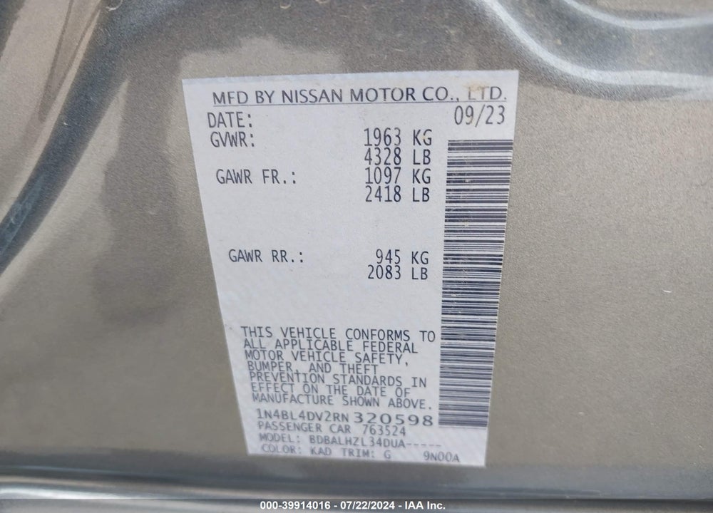 2024 NISSAN ALTIMA SV FWD VIN: 1N4BL4DV2RN320598