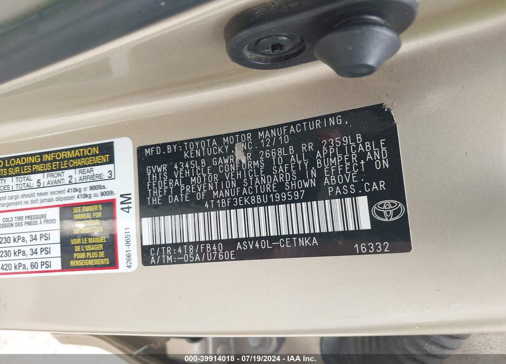 2011 TOYOTA CAMRY VIN: 4T1BF3EK8BU199597