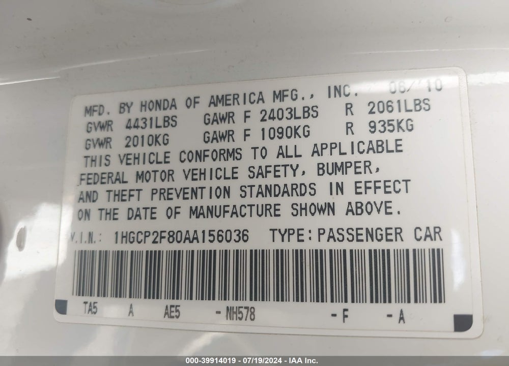 2010 HONDA ACCORD SDN VIN: 1HGCP2F80AA156036