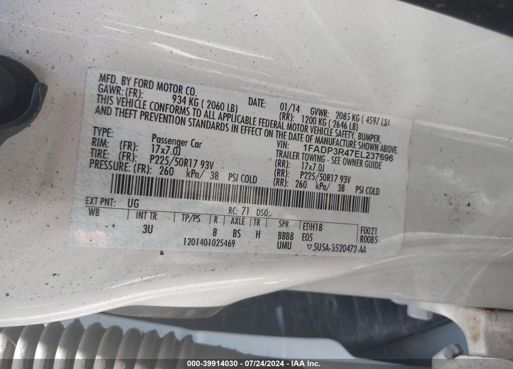 2014 FORD FOCUS ELECTRIC VIN: 1FADP3R47EL237696