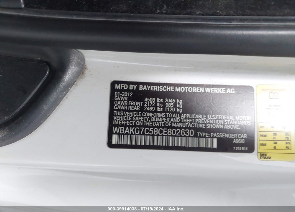 2012 BMW 335I VIN: WBAKG7C58CE802630