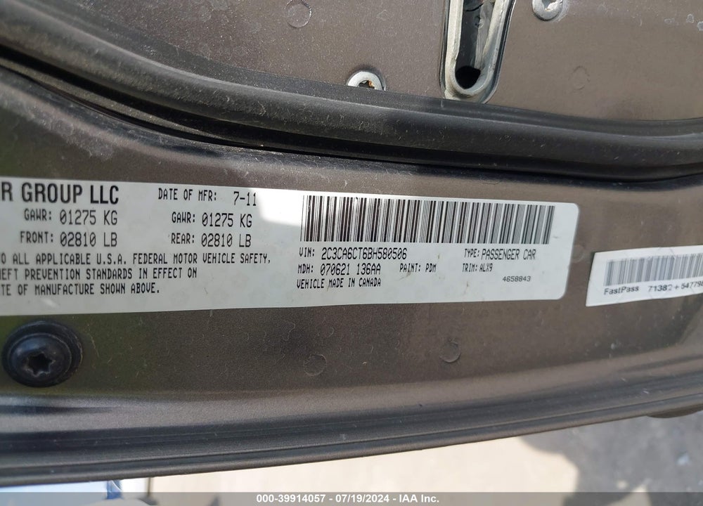 2011 CHRYSLER 300C VIN: 2C3CA6CT6BH580506