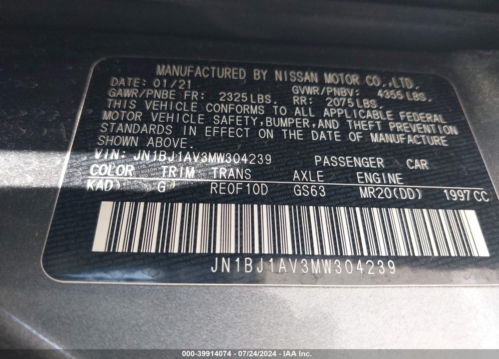2021 NISSAN ROGUE SPORT VIN: JN1BJ1AV3MW304239