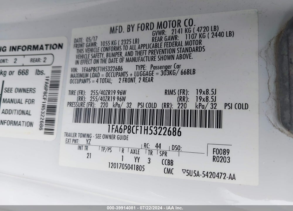2017 FORD MUSTANG GT VIN: 1FA6P8CF1H5322686