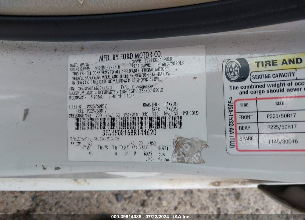 2008 FORD FUSION SEL VIN: 3FAHP08168R144620