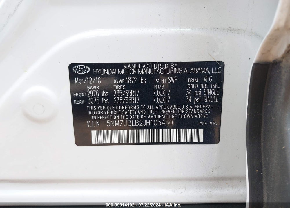 2018 HYUNDAI SANTA FE SPORT 2.4L VIN: 5NMZU3LB2JH103450