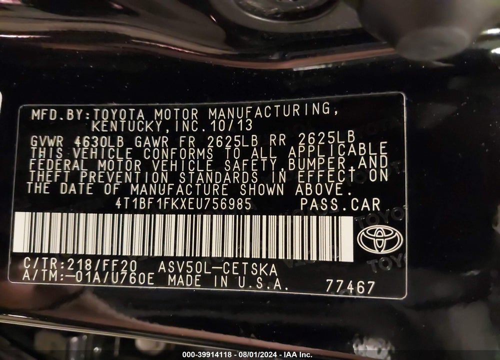 2014 TOYOTA CAMRY SE VIN: 4T1BF1FKXEU756985