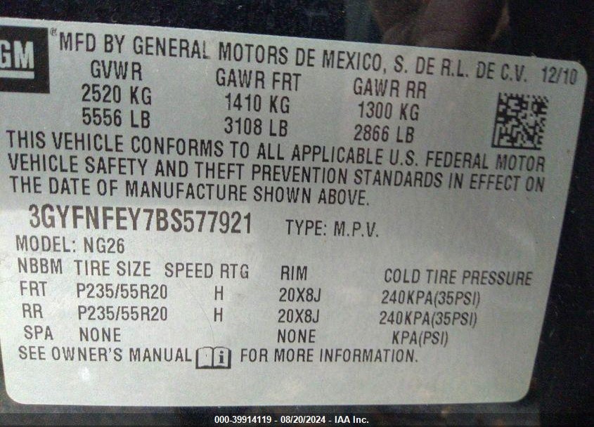 2011 CADILLAC SRX PREMIUM COLLECTION VIN: 3GYFNFEY7BS577921