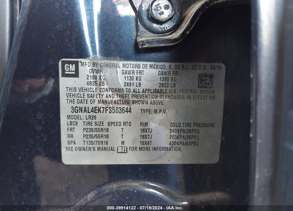 2015 CHEVROLET CAPTIVA SPORT LTZ VIN: 3GNAL4EK7FS503644