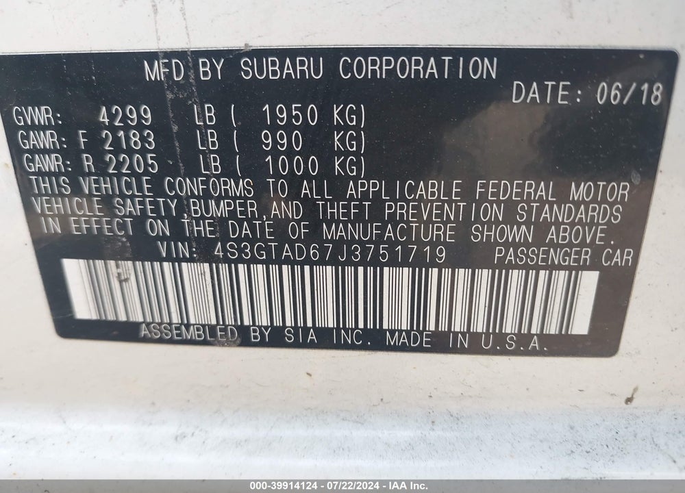 2018 SUBARU IMPREZA 2.0I PREMIUM VIN: 4S3GTAD67J3751719