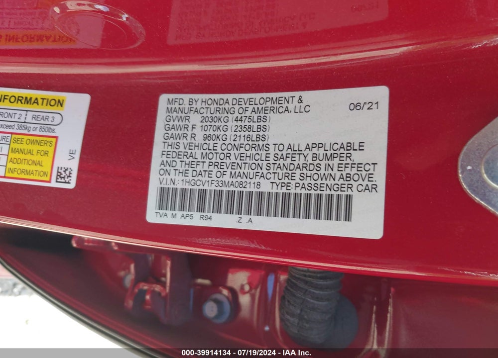 2021 HONDA ACCORD SPORT VIN: 1HGCV1F33MA082118