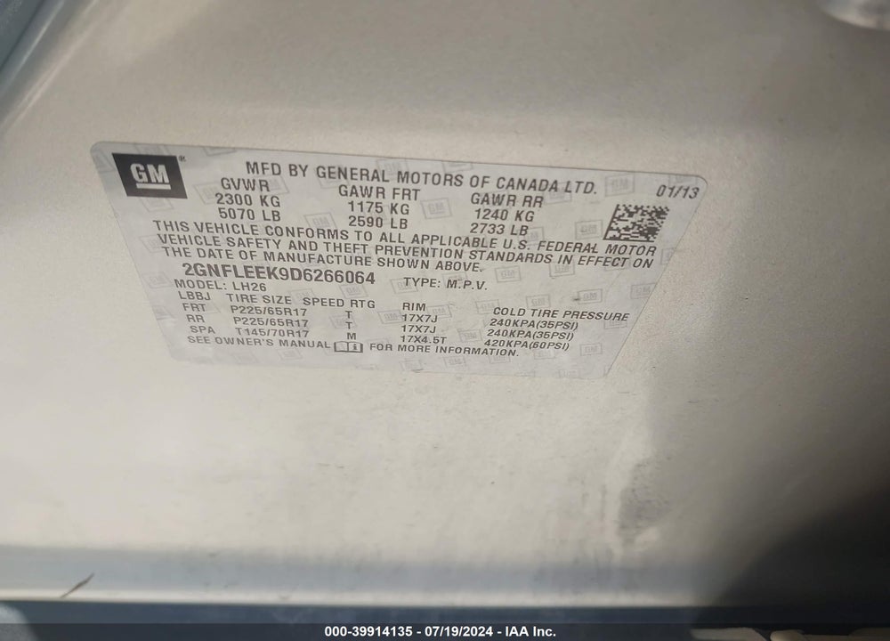 2013 CHEVROLET EQUINOX 1LT VIN: 2GNFLEEK9D6266064