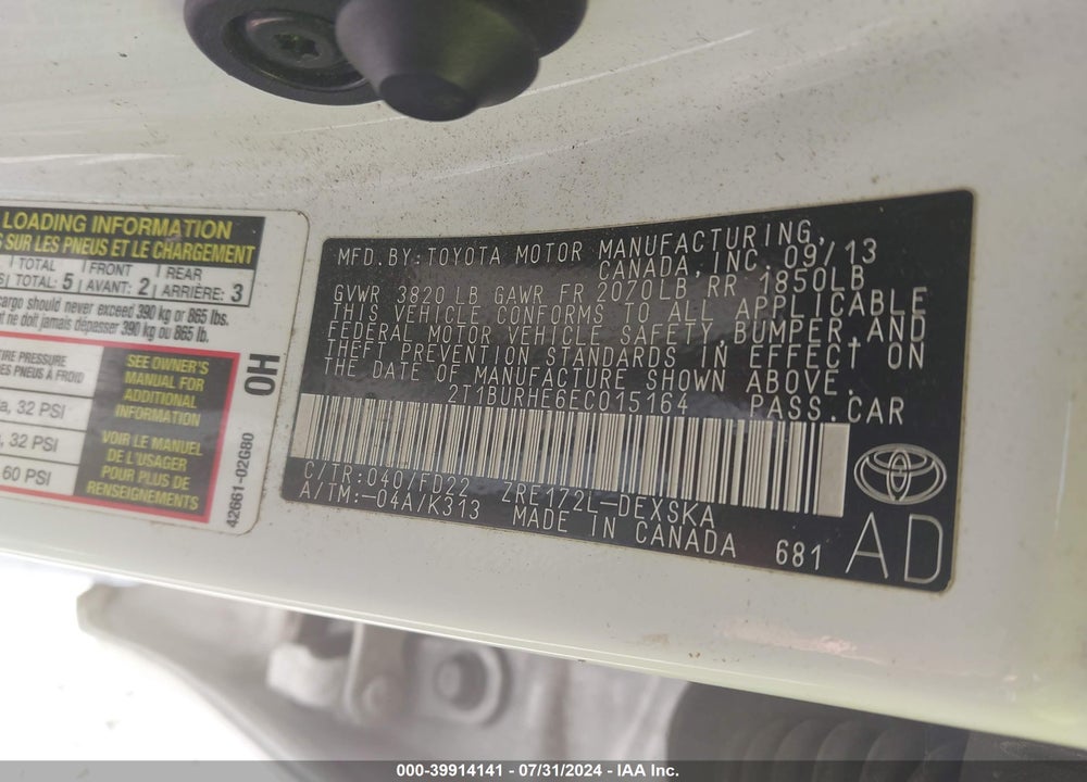 2014 TOYOTA COROLLA S PLUS VIN: 2T1BURHE6EC015164