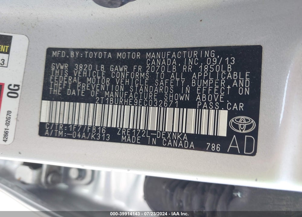 2014 TOYOTA COROLLA LE VIN: 2T1BURHE9EC032671