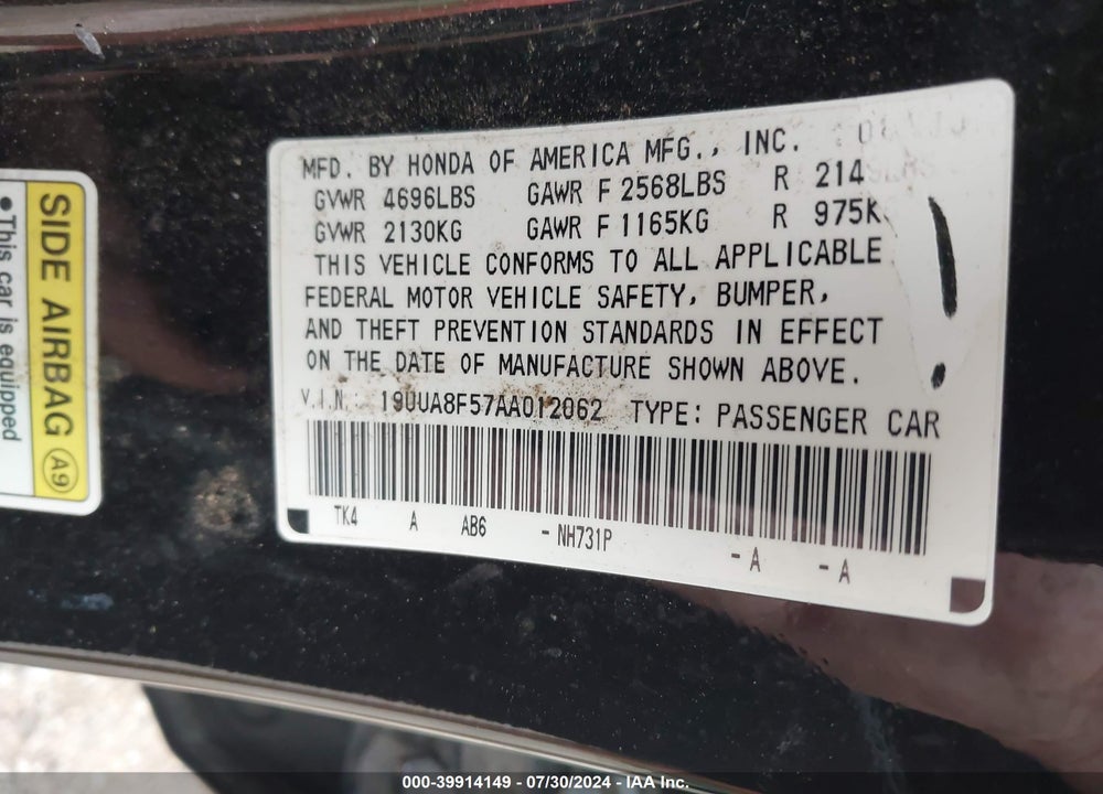 2010 ACURA TL VIN: 19UUA8F57AA012062