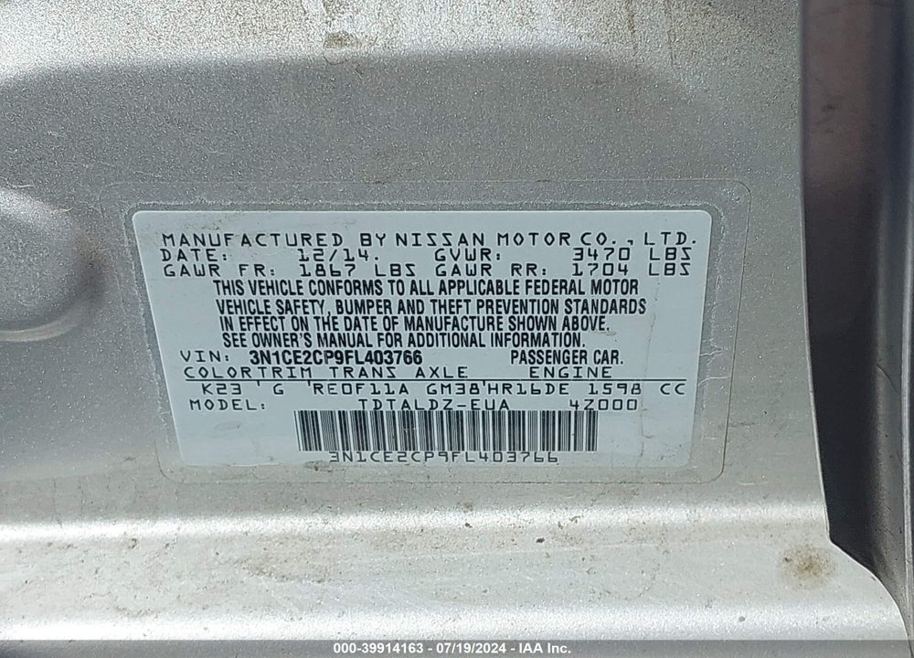 2015 NISSAN VERSA NOTE S (SR)/S PLUS/SL/SR/SV VIN: 3N1CE2CP9FL403766