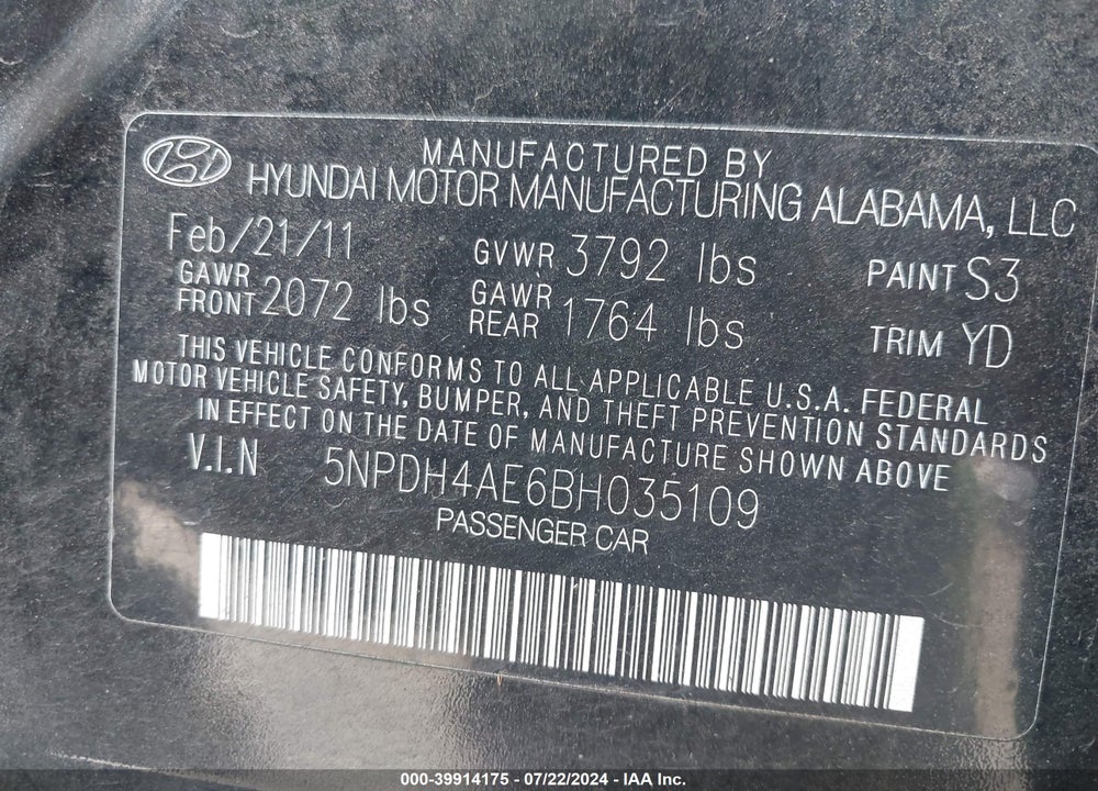 2011 HYUNDAI ELANTRA GLS VIN: 5NPDH4AE6BH035109