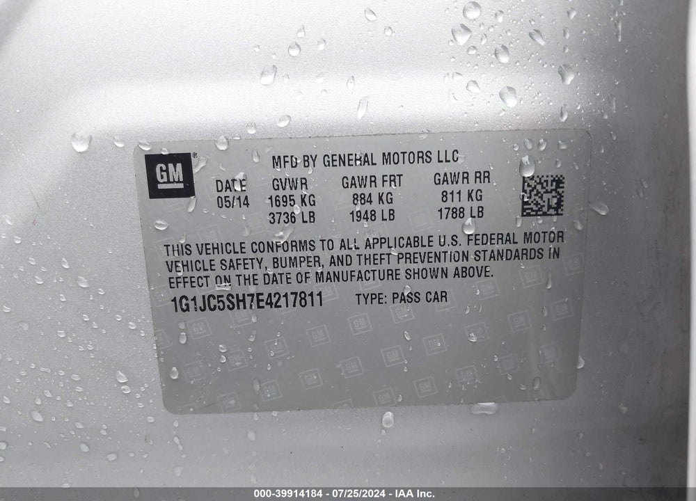 2014 CHEVROLET SONIC LT AUTO VIN: 1G1JC5SH7E4217811