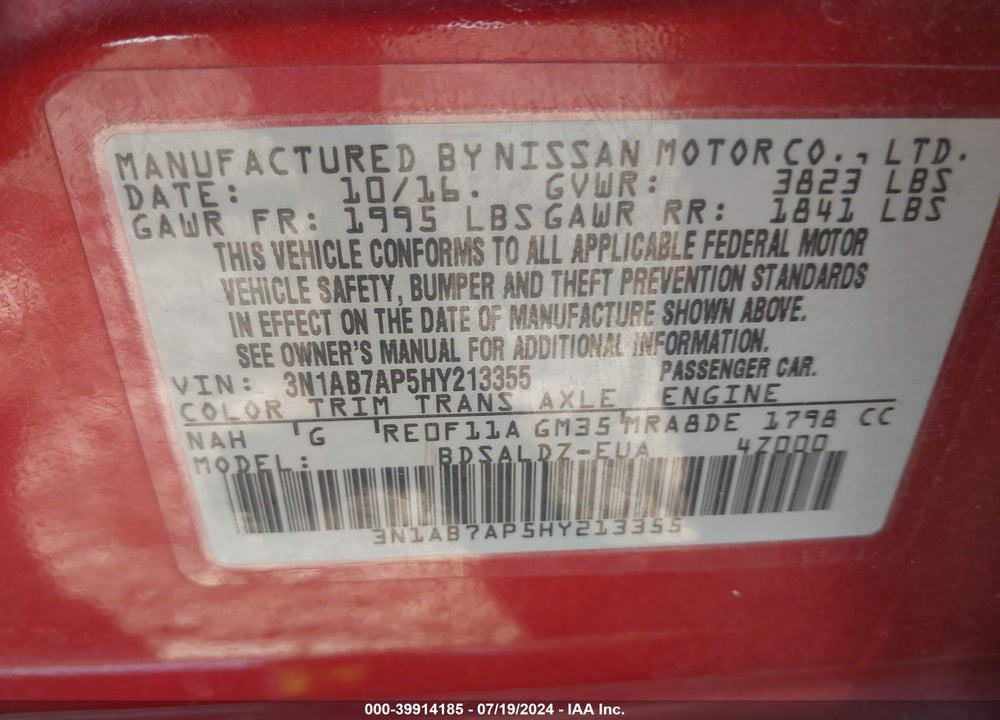 2017 NISSAN SENTRA SV VIN: 3N1AB7AP5HY213355