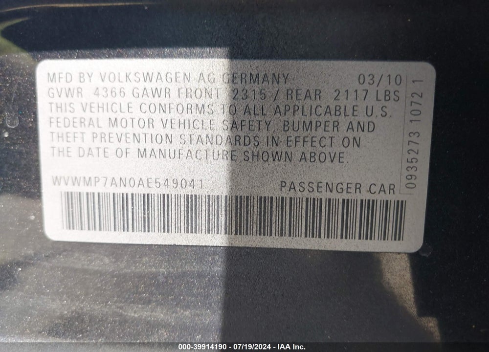 2010 VOLKSWAGEN CC SPORT VIN: WVWMP7AN0AE549041