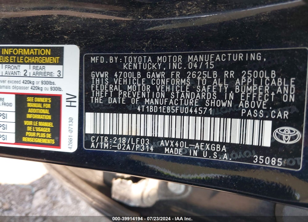 2015 TOYOTA AVALON HYBRID XLE PREMIUM VIN: 4T1BD1EB5FU044571