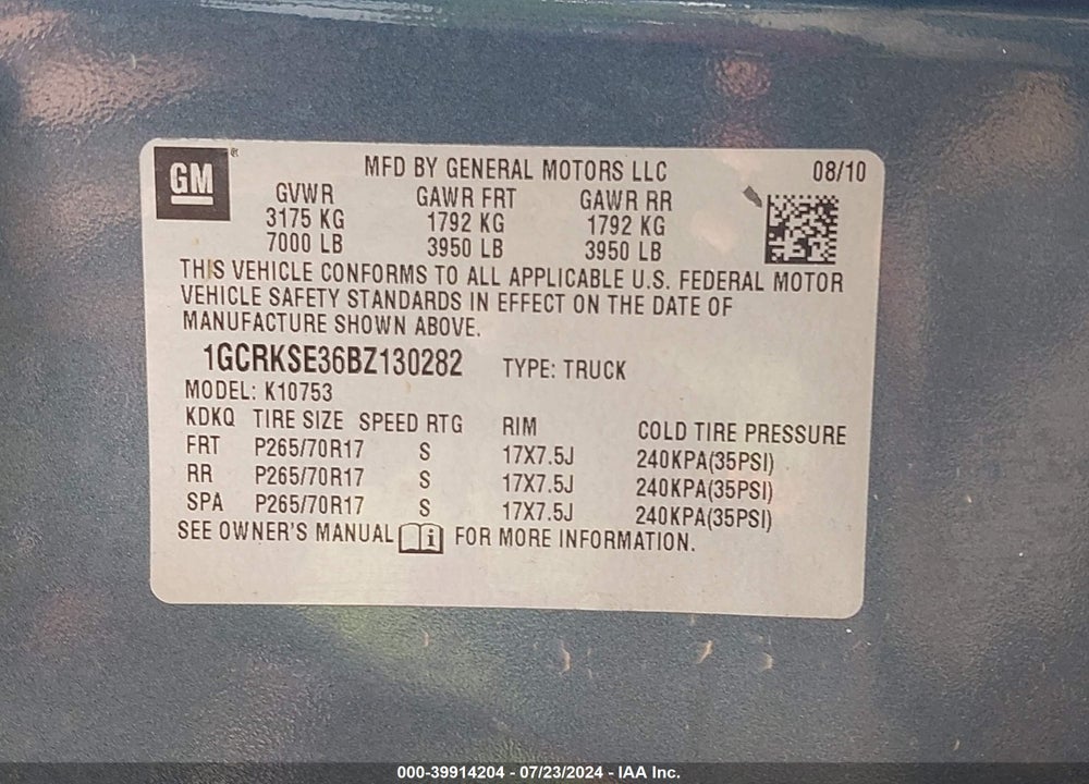 2011 CHEVROLET SILVERADO 1500 VIN: 1GCRKSE36BZ130282