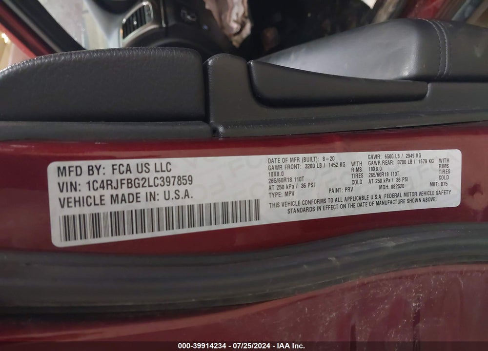 2020 JEEP GRAND CHEROKEE LIMITED 4X4 VIN: 1C4RJFBG2LC397859