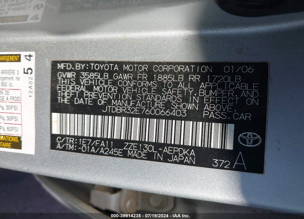 2006 TOYOTA COROLLA CE VIN: JTDBR32E760066403