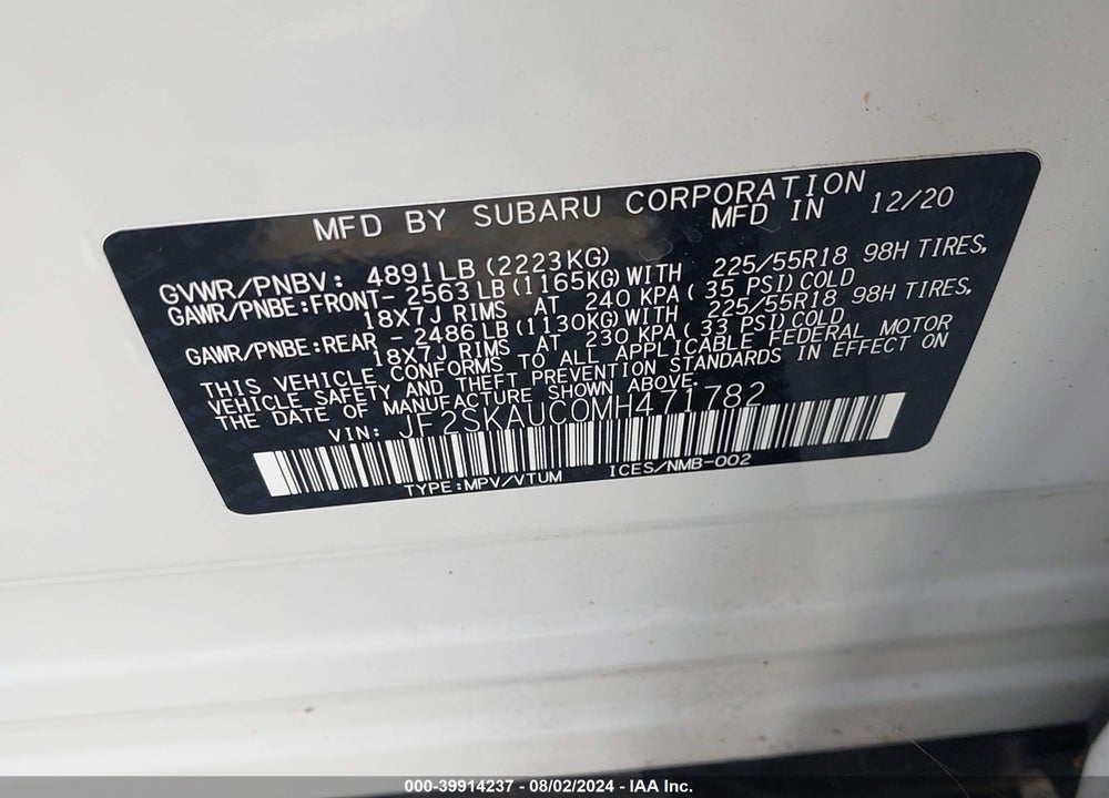 2021 SUBARU FORESTER VIN: JF2SKAUC0MH471782
