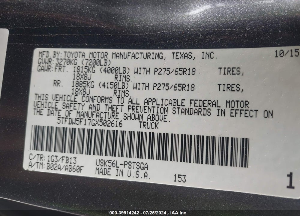 2016 TOYOTA TUNDRA SR5 5.7L V8 VIN: 5TFDW5F17GX502616
