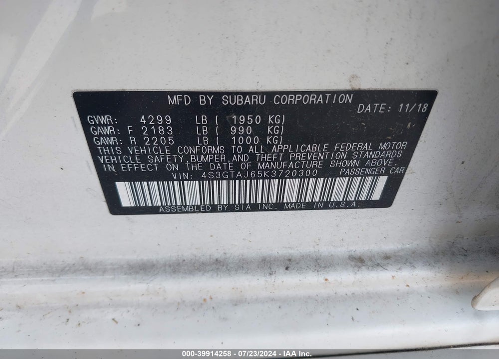 2019 SUBARU IMPREZA 2.0I SPORT VIN: 4S3GTAJ65K3720300