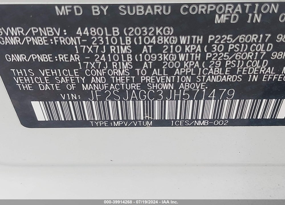 2018 SUBARU FORESTER 2.5I PREMIUM VIN: JF2SJAGC3JH571479