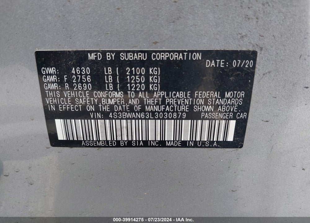 2020 SUBARU LEGACY LIMITED VIN: 4S3BWAN63L3030879