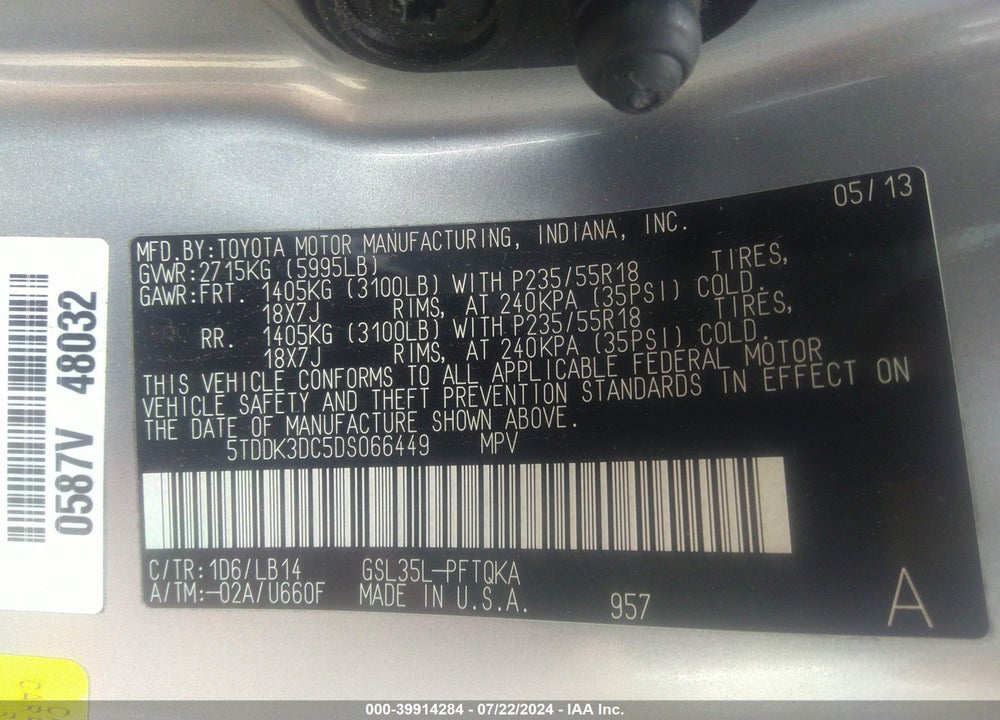 2013 TOYOTA SIENNA XLE 7 PASSENGER VIN: 5TDDK3DC5DS066449