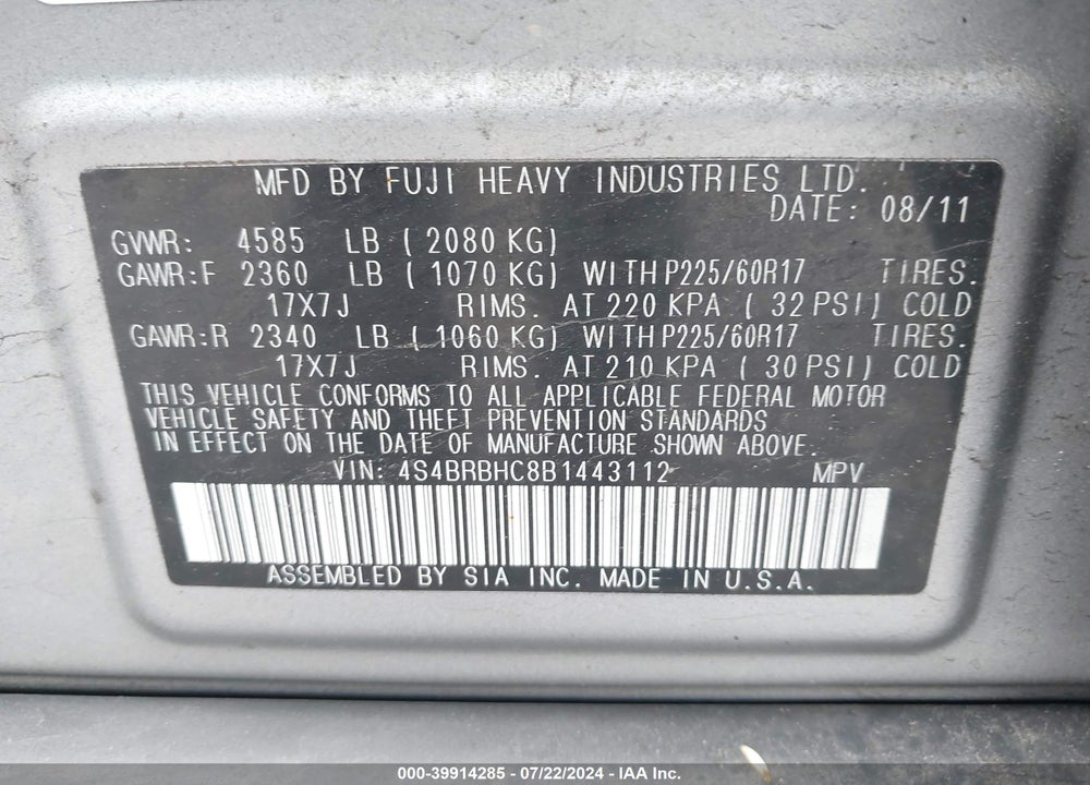2011 SUBARU OUTBACK 2.5I PREMIUM VIN: 4S4BRBHC8B1443112