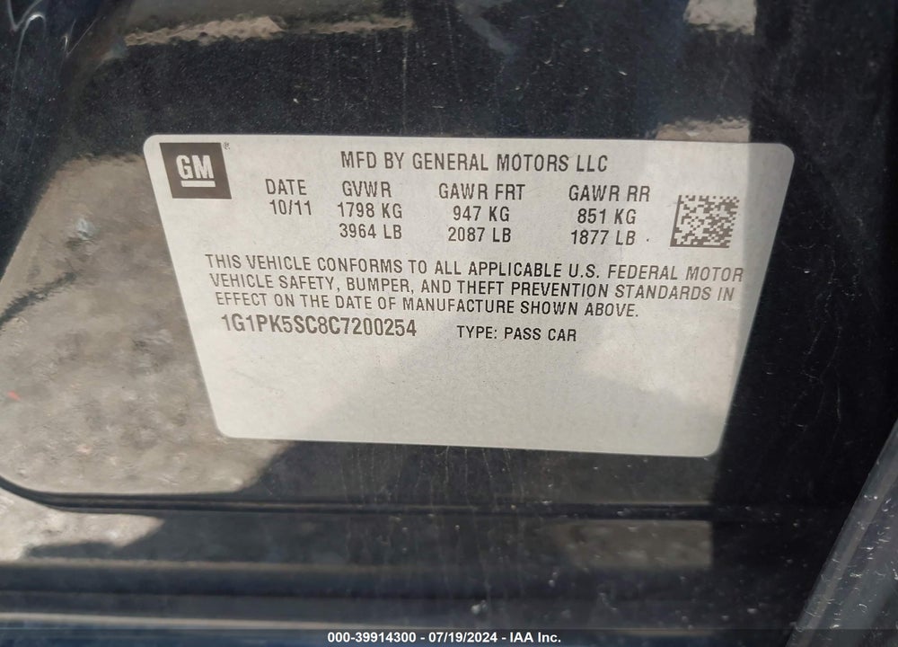 2012 CHEVROLET CRUZE ECO VIN: 1G1PK5SC8C7200254