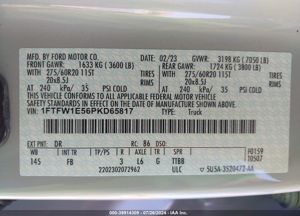 2023 FORD F-150 XLT VIN: 1FTFW1E56PKD65817