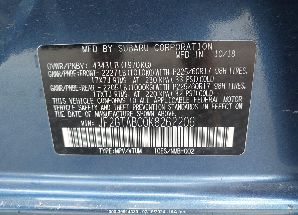 2019 SUBARU CROSSTREK 2.0I VIN: JF2GTABC0K8262206