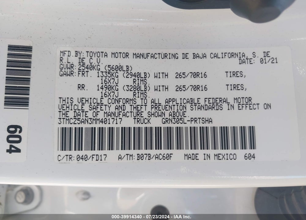 2021 TOYOTA TACOMA TRD OFF ROAD VIN: 3TMCZ5AN3MM401717