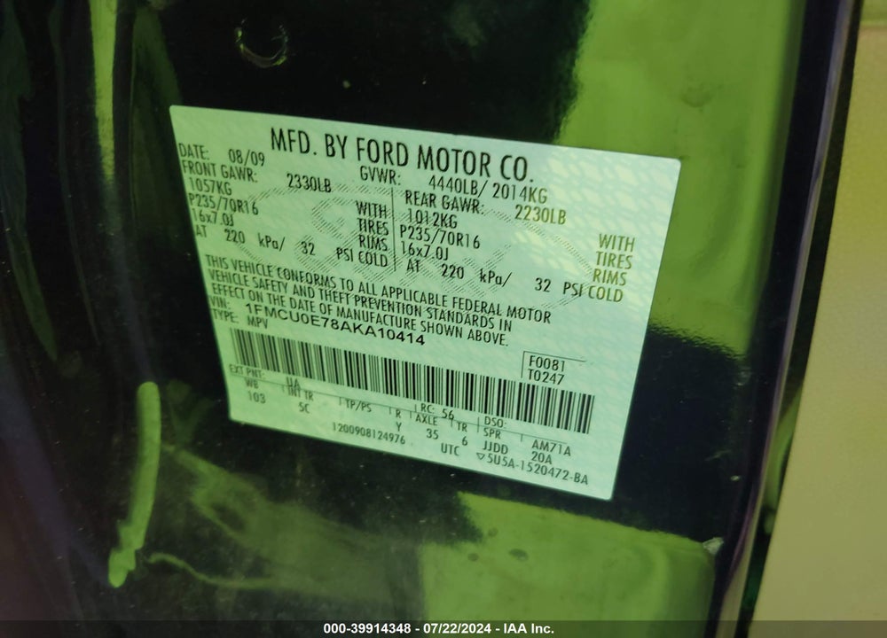 2010 FORD ESCAPE LIMITED VIN: 1FMCU0E78AKA10414
