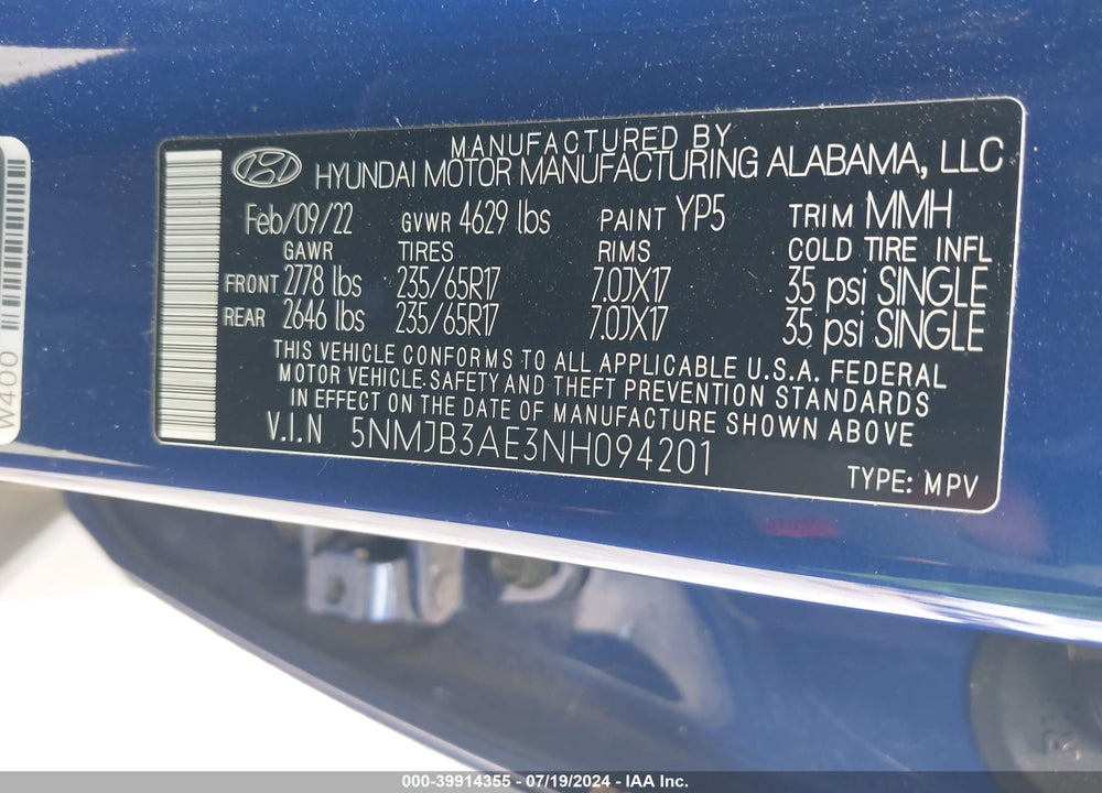 2022 HYUNDAI TUCSON SEL VIN: 5NMJB3AE3NH094201