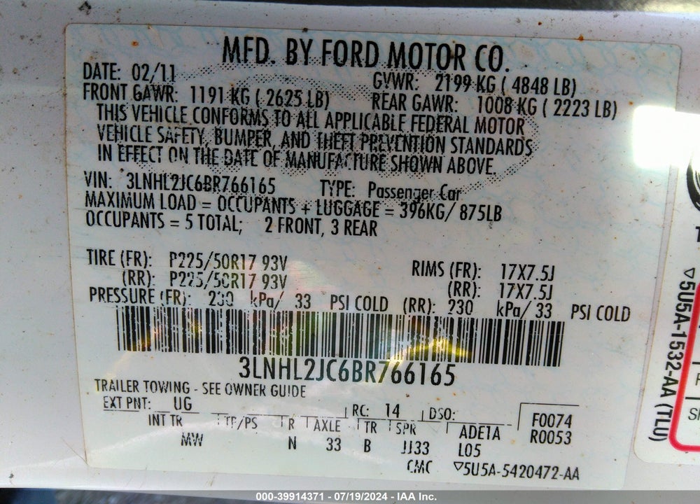 2011 LINCOLN MKZ VIN: 3LNHL2JC6BR766165