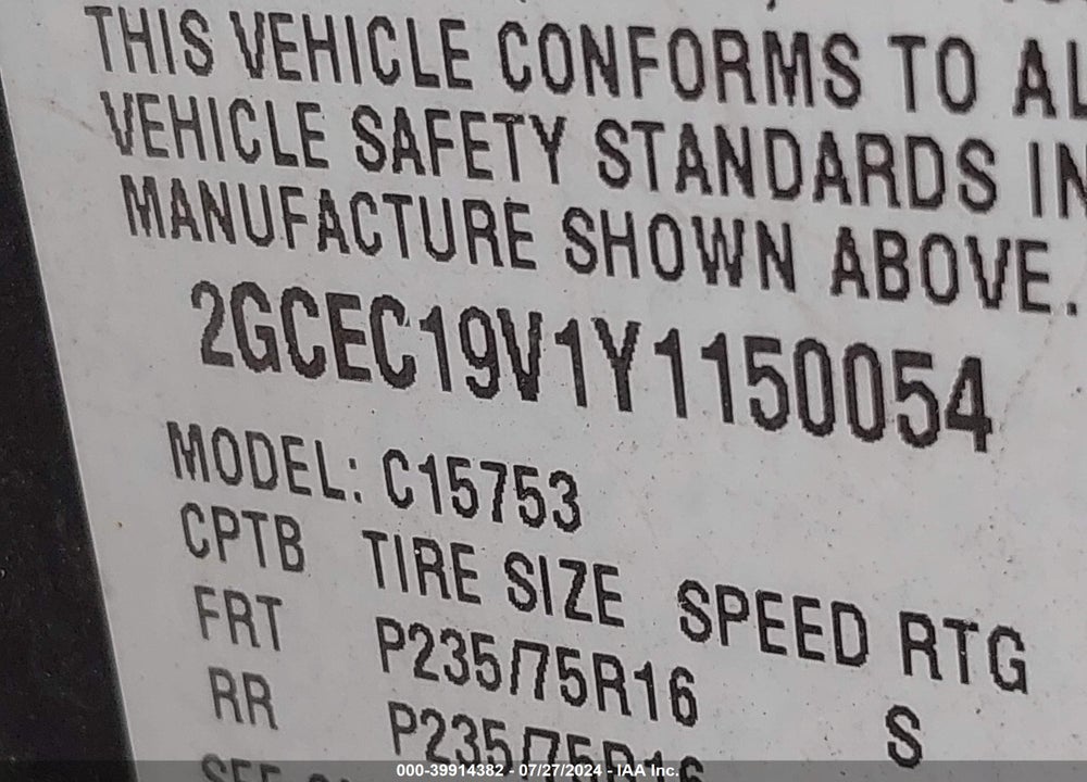 2000 CHEVROLET SILVERADO 1500 VIN: 2GCEC19V1Y1150054